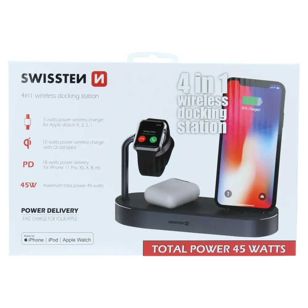 SWISSTEN 4v1 bezdrátová nabíječka Qi USB Lightning Mfi 45W černá