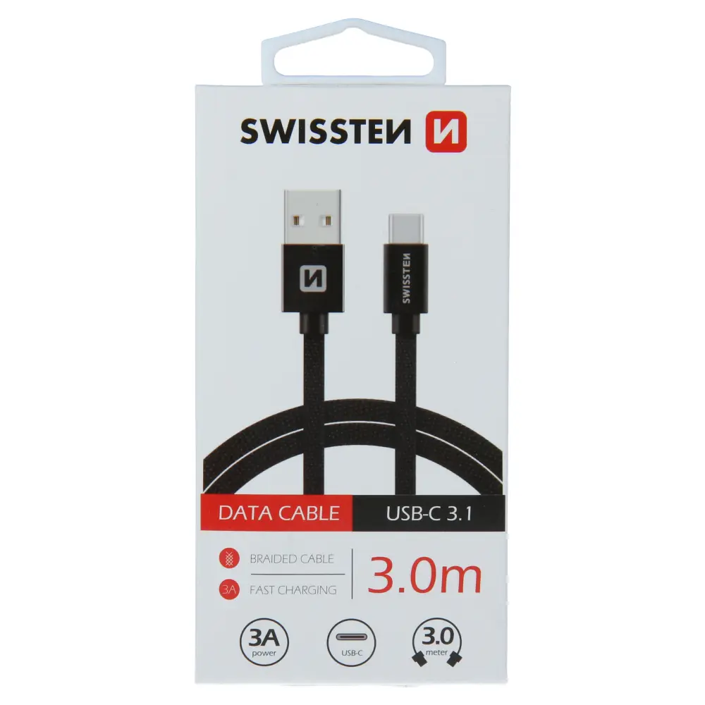 DATOVÝ KABEL SWISSTEN TEXTILE USB / USB-C 3,0 M ČERNÝ 71527900