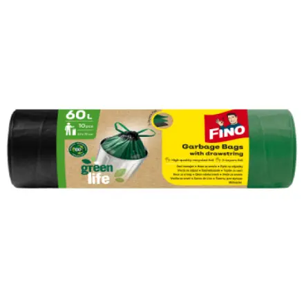 Fino Green Life recyklované PE zatahovací pytle na odpad, 63 × 72 cm, 25 µ, 60 l, 10 ks