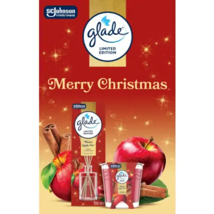 Glade Merry Christmas Warm Apple Pie jablko a skořice vonné tyčinky a vonná svíčka 50 ml + 112 g, dárková sada