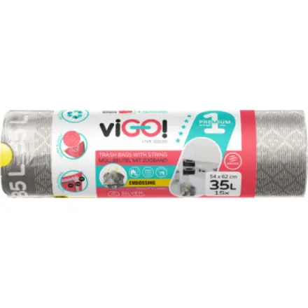 Vigo viGO! Premium pytle na odpad zatahovací, 26 µ, 54 × 62 cm, 35 l, 15 ks