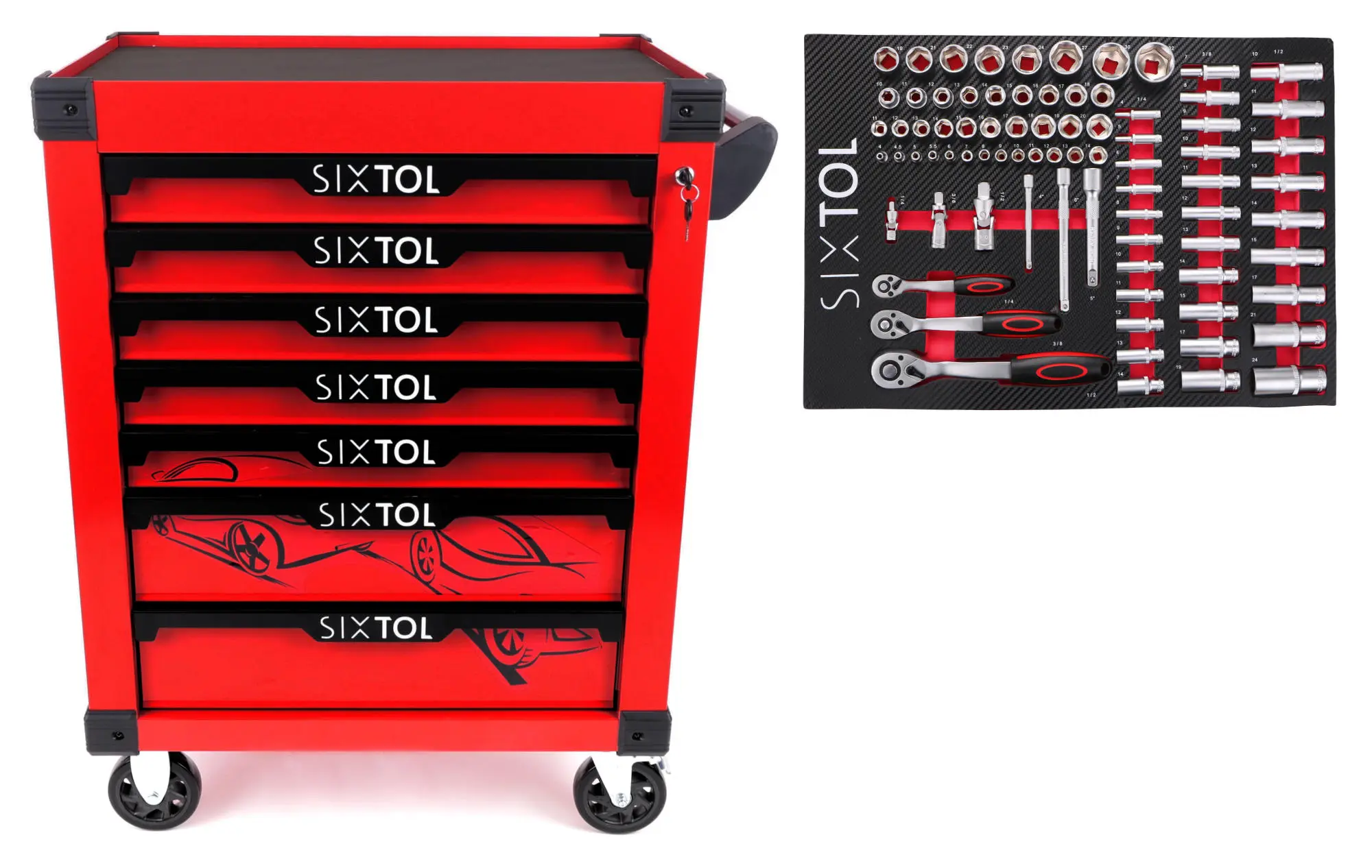 Sixtol Dílenský vozík na nářadí MECHANIC TROLLEY KEVIN RED 80, 7 šuplíků, 80 ks nářadí