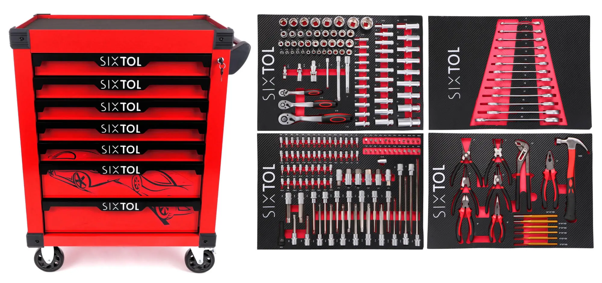 Sixtol Dílenský vozík na nářadí MECHANIC TROLLEY KEVIN RED 210, 7 šuplíků, 210 ks nářadí