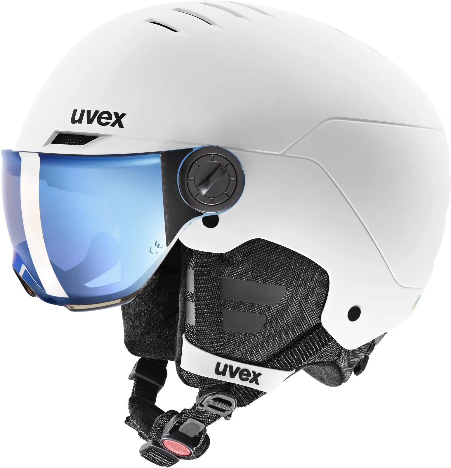 Dětská lyžařská helma Uvex Rocket jr. Visor - white/black matt/mirror blue smoke (S2) 51-55