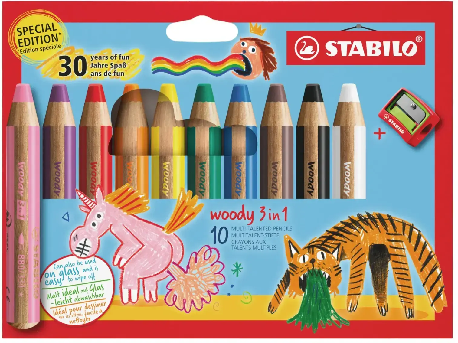 Pastelka, vodovka & voskovka v jednom - STABILO woody 3 in 1 - Anniversary Edition - 10 ks sada s ořezávátkem - 10 různých ba uni