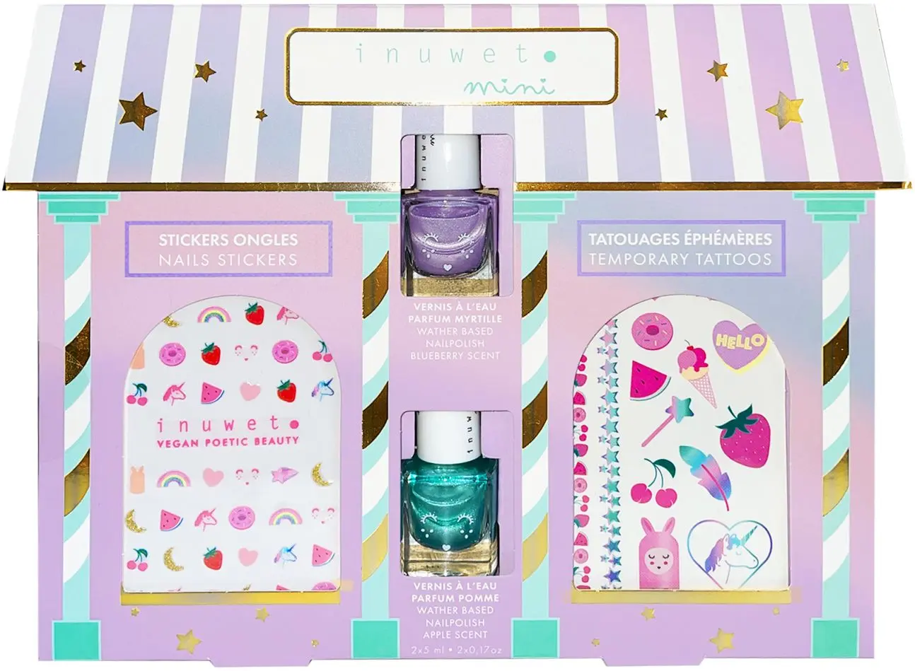 Dárková sada Inuwet MY LITTLE BEAUTY HOUSE - strass- temporary tatto - waterbased nail polish blueberry- apple uni