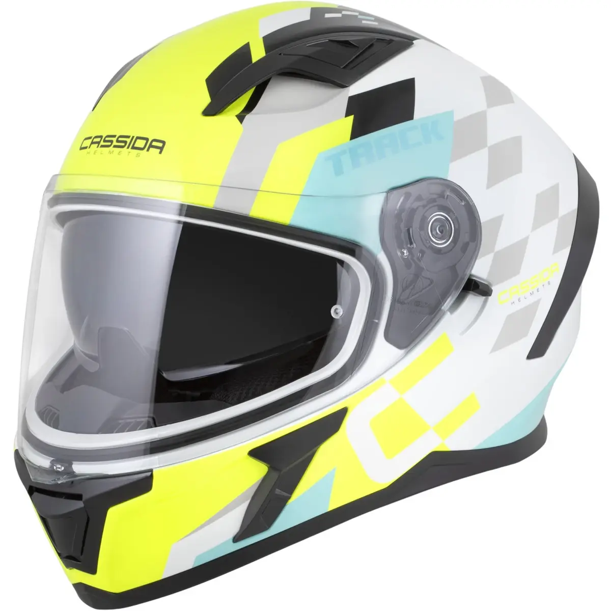 CASSIDA Orbit Track bílo-fluo žluto-tyrkysovo-černá integrální helma na motorku