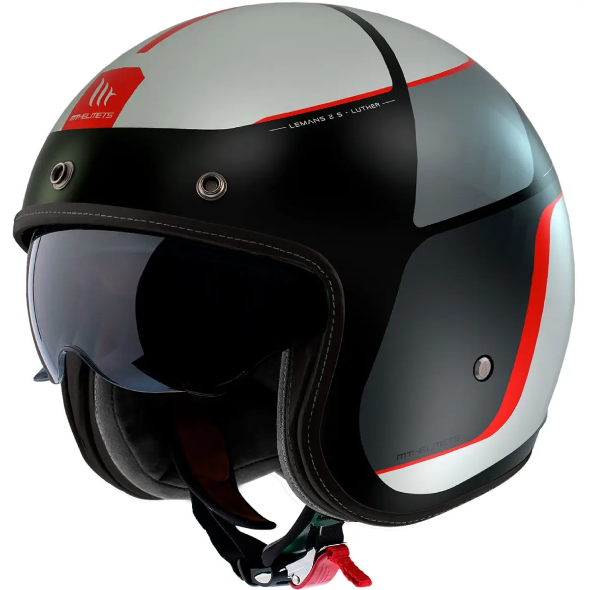 MT Helmets Le Mans 2 SV Luther B15 matná černo-šedo-bílo-červená otevřená helma na motorku