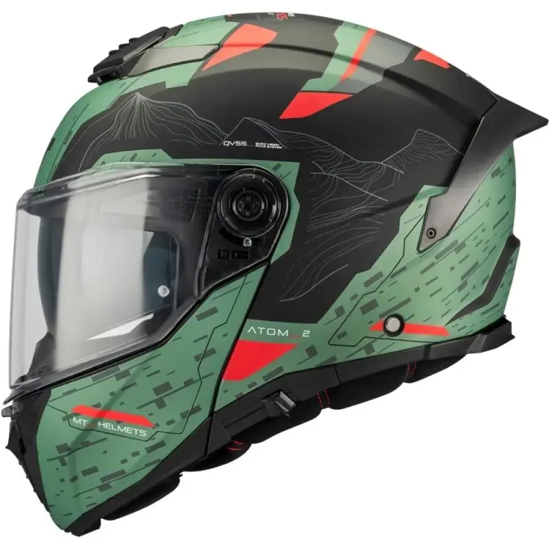MT Helmets Atom 2 SV Highlands C6 matná zeleno-černo-červená výklopná helma na motorku