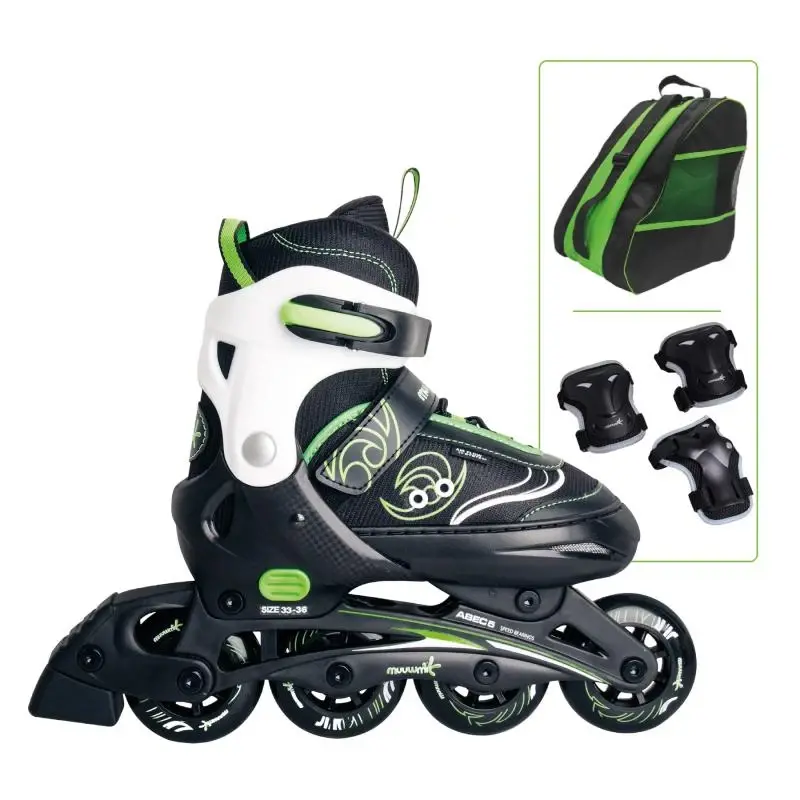 Muuwmi SET nastav. dětské inline brusle, zelené vel. 29-32, chrániče,taška