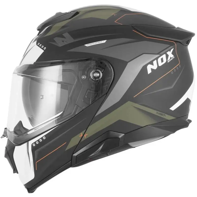 NOX N967 Conquer matná černo-khaki-oranžová výklopná helma na motorku