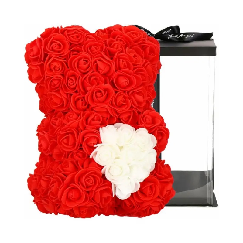 Medvídek z růží 22 cm SPRINGOS ROSE BEAR HA7219 červený s bílým srdcem