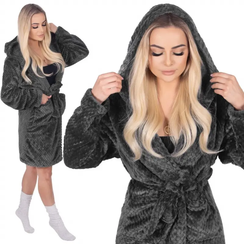 Dámský župan s kapucí vel. L/XL SPRINGOS Bliss HA7364 tmavě šedý