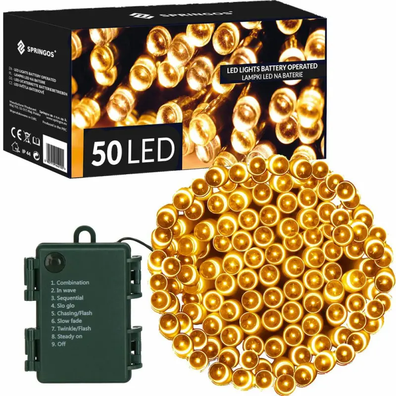 LED světelný řetěz - 5,5m, 50LED, 8 funkcí, 3xAA, IP44, teplá bílá