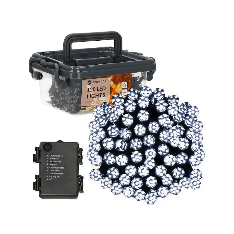 LED světelný řetěz - 9m, 120LED Krystal, 8 funkcí, 3xAA, IP44, studená bílá