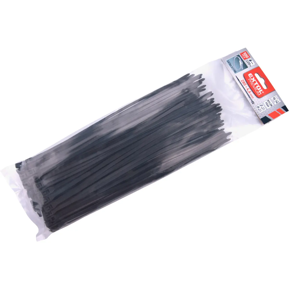 EXTOL PREMIUM Pásky stahovací na kabely EXTRA, černé, 280x4,6mm, 100ks, nylon PA66 8856234