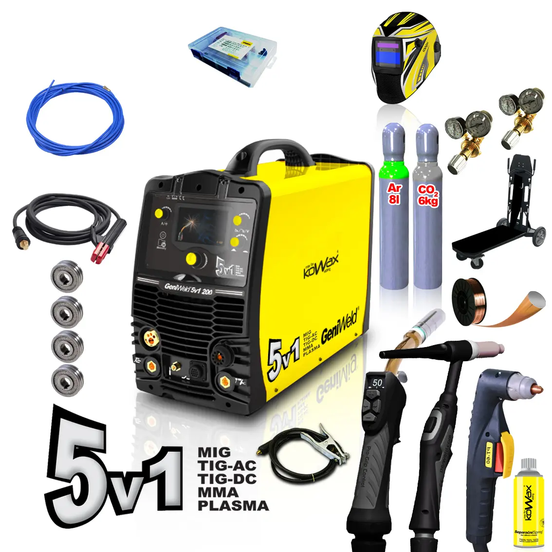 KOWAX GeniWeld5v1 200 + kukla PANTER + redukční ventil CO2 + redukční ventil Ar+CO2 + plná tlak.lahev CO2 8l KWXSTGW5IN1_S02