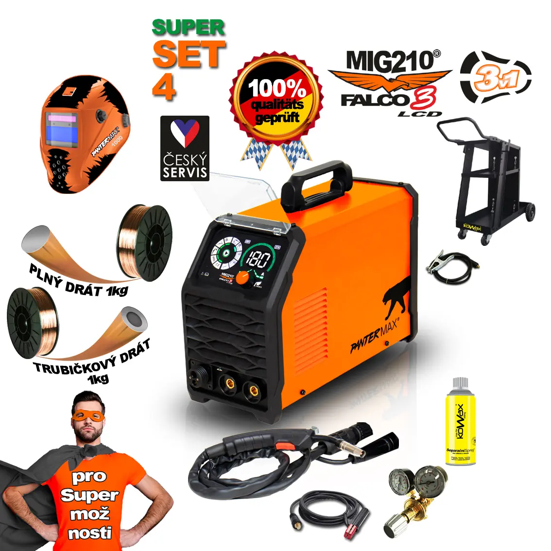 PANTERMAX Svářecí invertor MIG210FALCO 3 LCD SET4bL (MIG/MMA/TIG) PMMIG210-3-LCD_S04BL