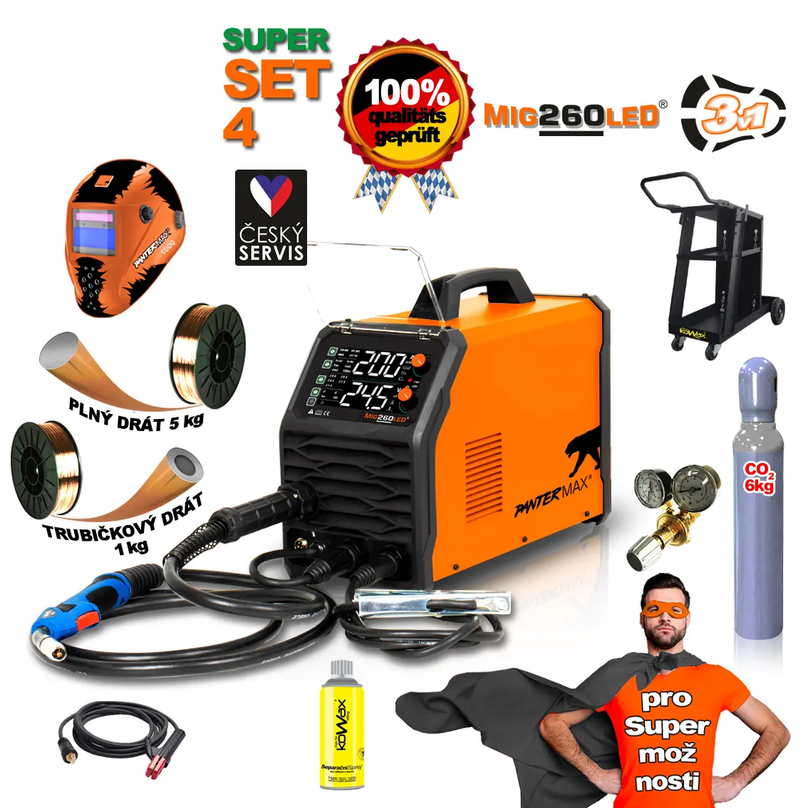 PANTERMAX Svářecí invertor MIG260LED SET4 (MIG/MMA/TIG) PMMIG260LED_S04