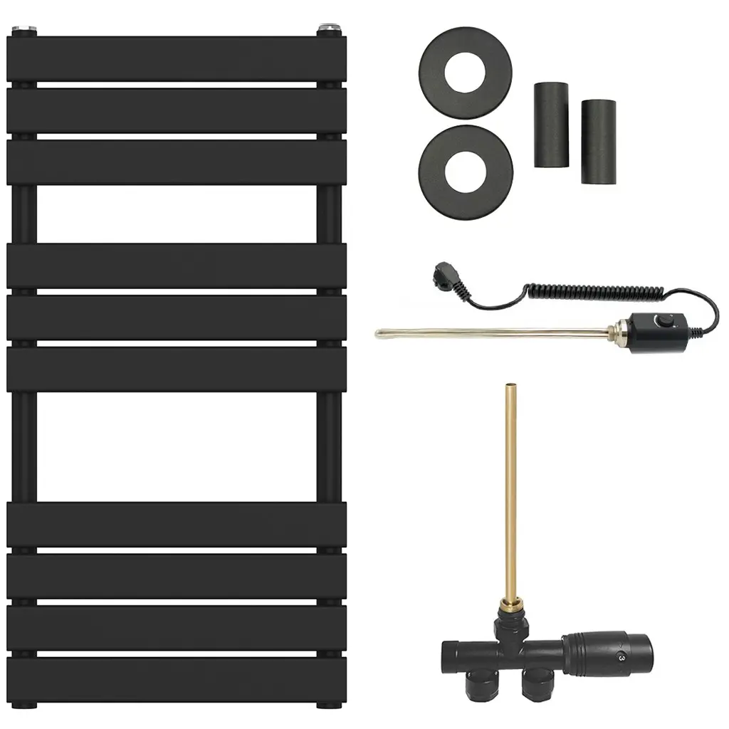 Koupelnový radiátorový set Claude - kombinované vytápění, termo tyč - boční jednobodové připojení - 300W - černá matná - 1000x500 mm