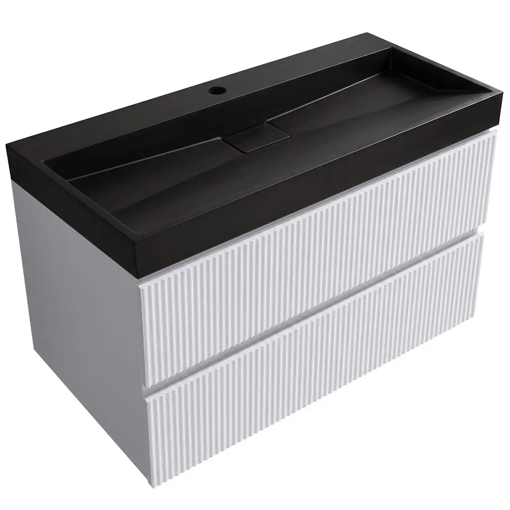 CERANO Koupelnová skříňka Carole bílá matná rýhovaná + umyvadlo z lit. mramoru Vita černá matná s otvorem 100x58x46 CER-374898