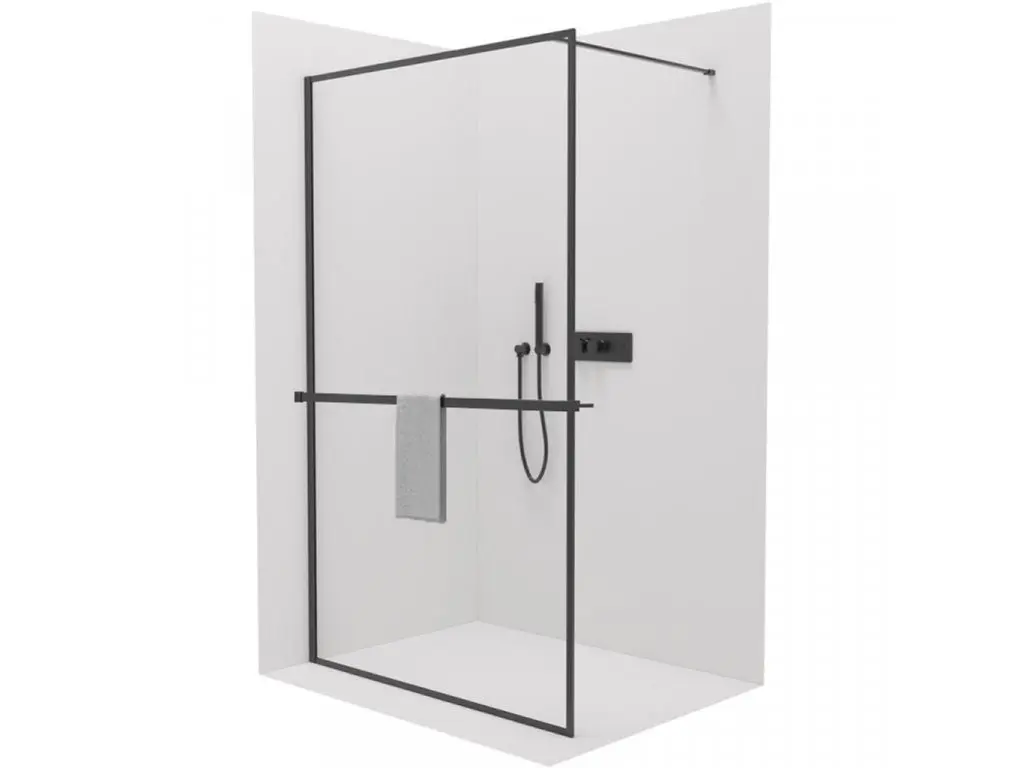 Sprchová zástěna Walk-in Moreli L/P + polička/držák na ručníky - černá matná, transparentní sklo - 140x200 cm