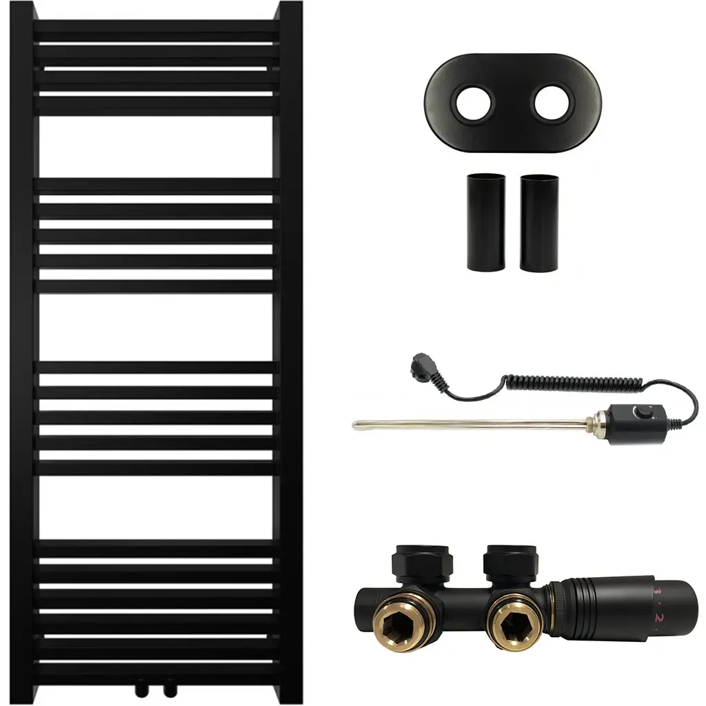 Koupelnový radiátorový set Franko - kombinované výtápění, termo tyč - středové připojení 50 mm - 300W - černá matná - 1200x500 mm