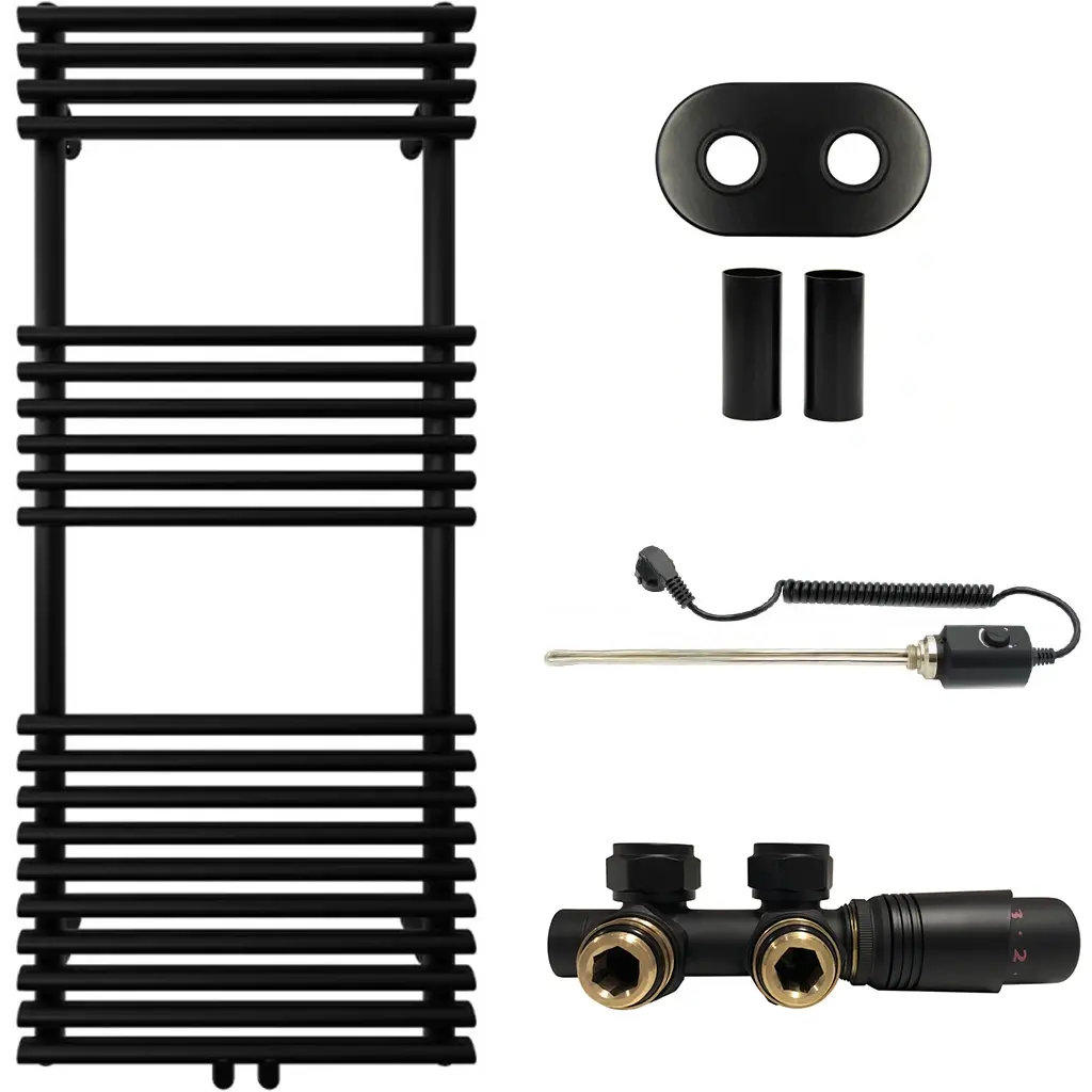 Koupelnový radiátorový set Luigi - kombinované výtápění, termo tyč - středové připojení 50 mm - 300W - černá matná - 1200x500 mm