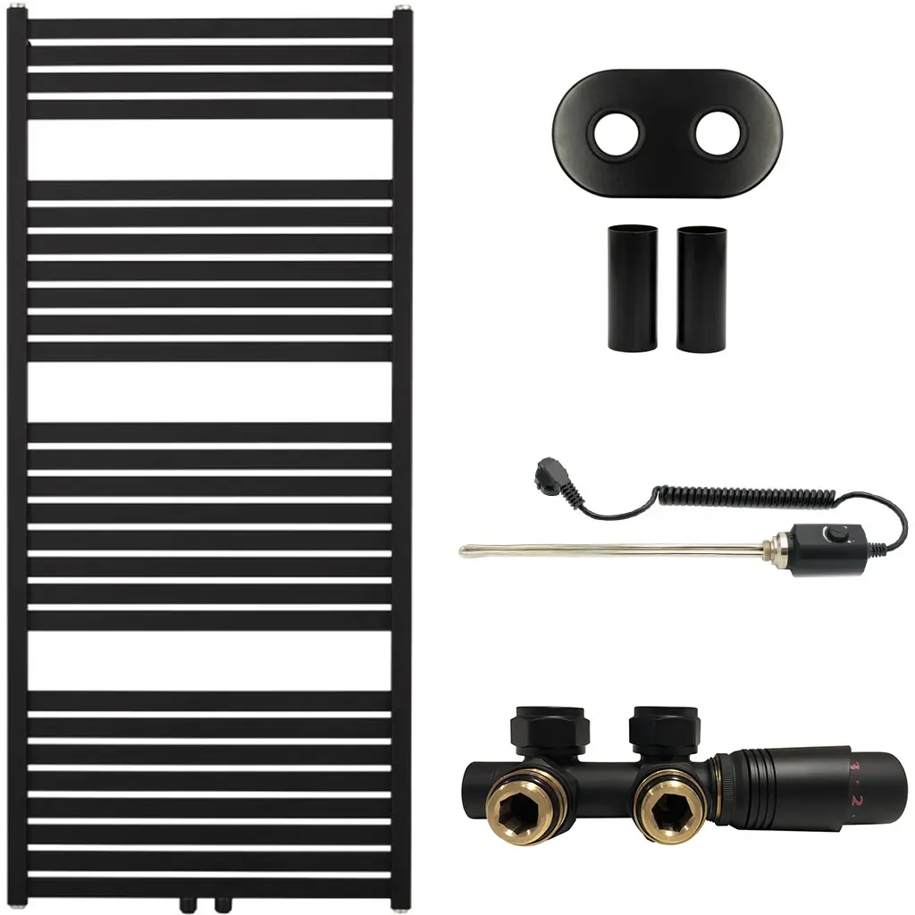 Koupelnový radiátorový set Vincenzo - kombinované výtápění, termo tyč - středové připojení 50 mm - 600W - černá matná - 1340x600 mm