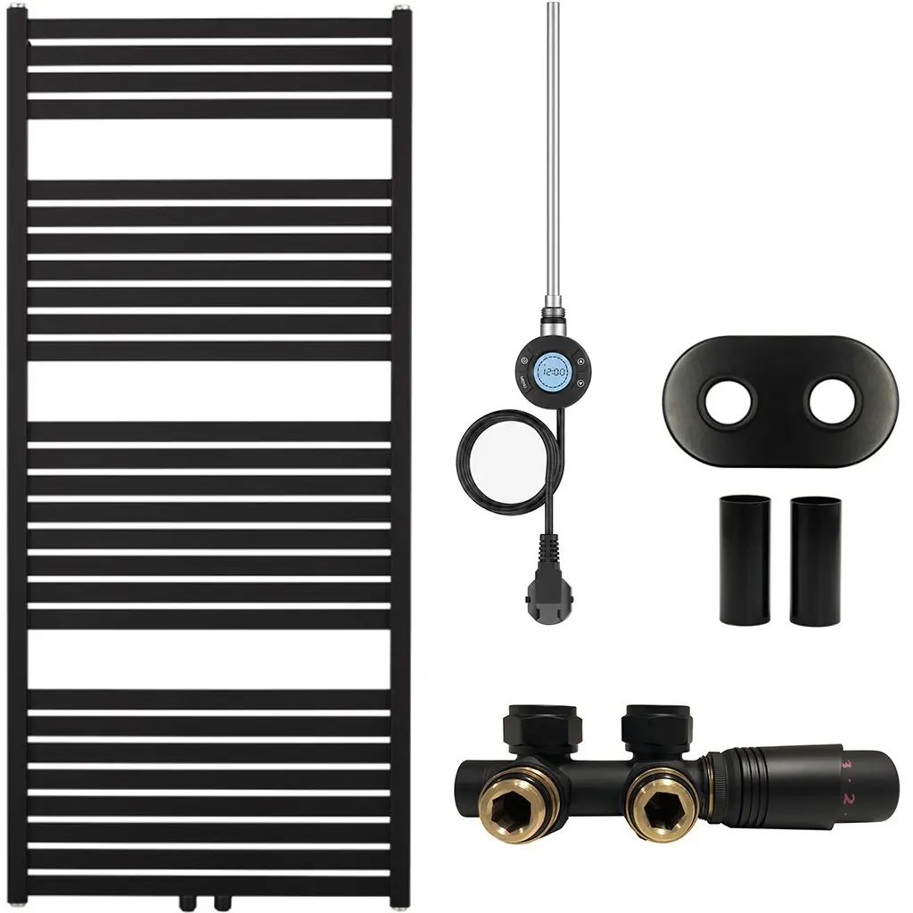 Koupelnový radiátorový set Vincenzo - kombinované výtápění, wifi tyč - středové připojení 50 mm - 600W - černá matná - 1340x600 mm