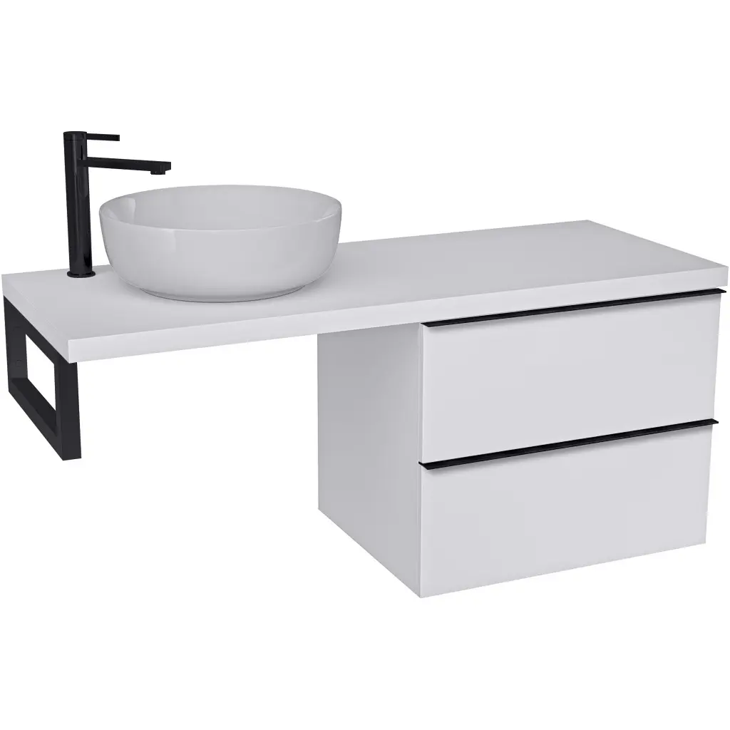 CERANO Koupelnová skříňka Velora bílá matná, úchytka černá + deska pod umyvadlo Navira Pro 36 mm + konzole černá 140x56,6x46,5 CER-667886