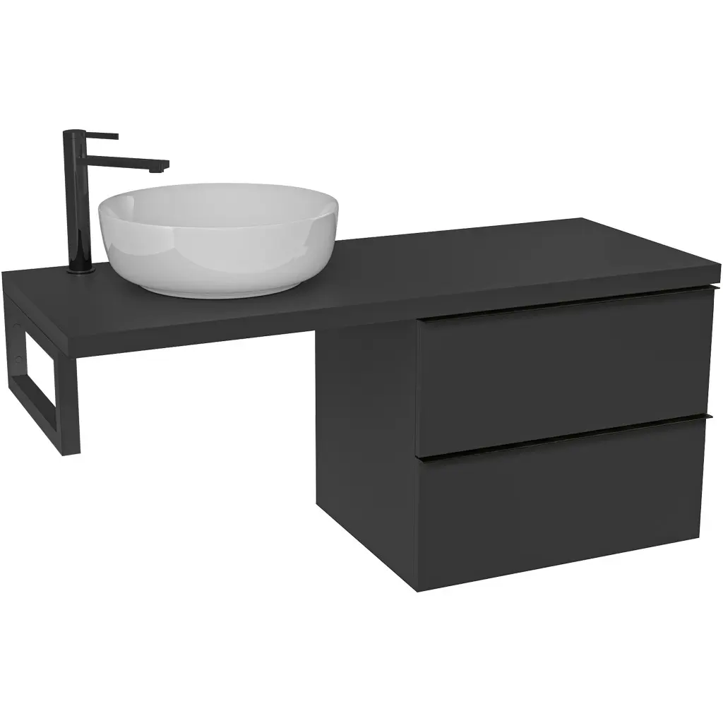 CERANO Koupelnová skříňka Velora černá matná, úchytka černá + deska pod umyvadlo Navira Pro 36 mm + konzole černá 160x56,6x46,5 CER-667958