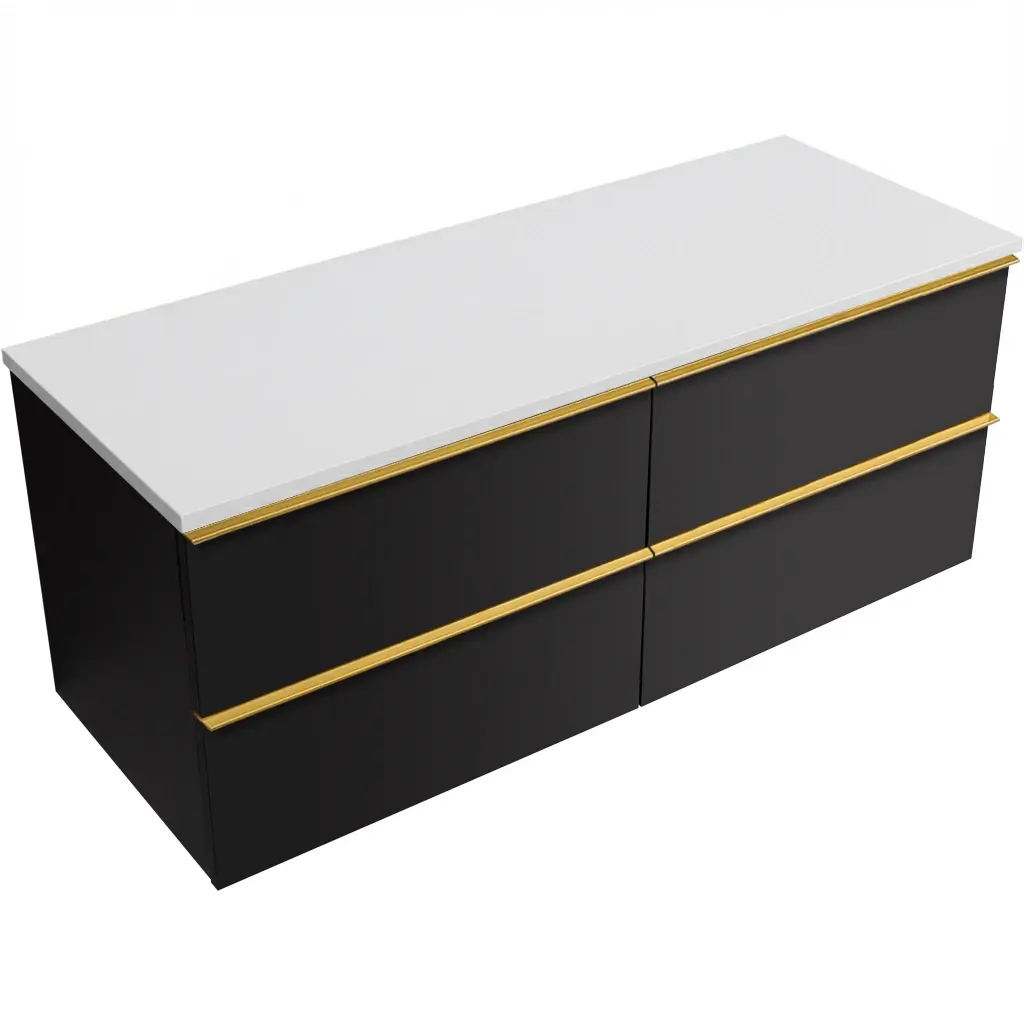 CERANO Koupelnová skříňka Velora černá matná, úchytka zlatá + deska z lit. mramoru Elanys 12 mm bílá matná 120x54,2x46,5 CER-679439