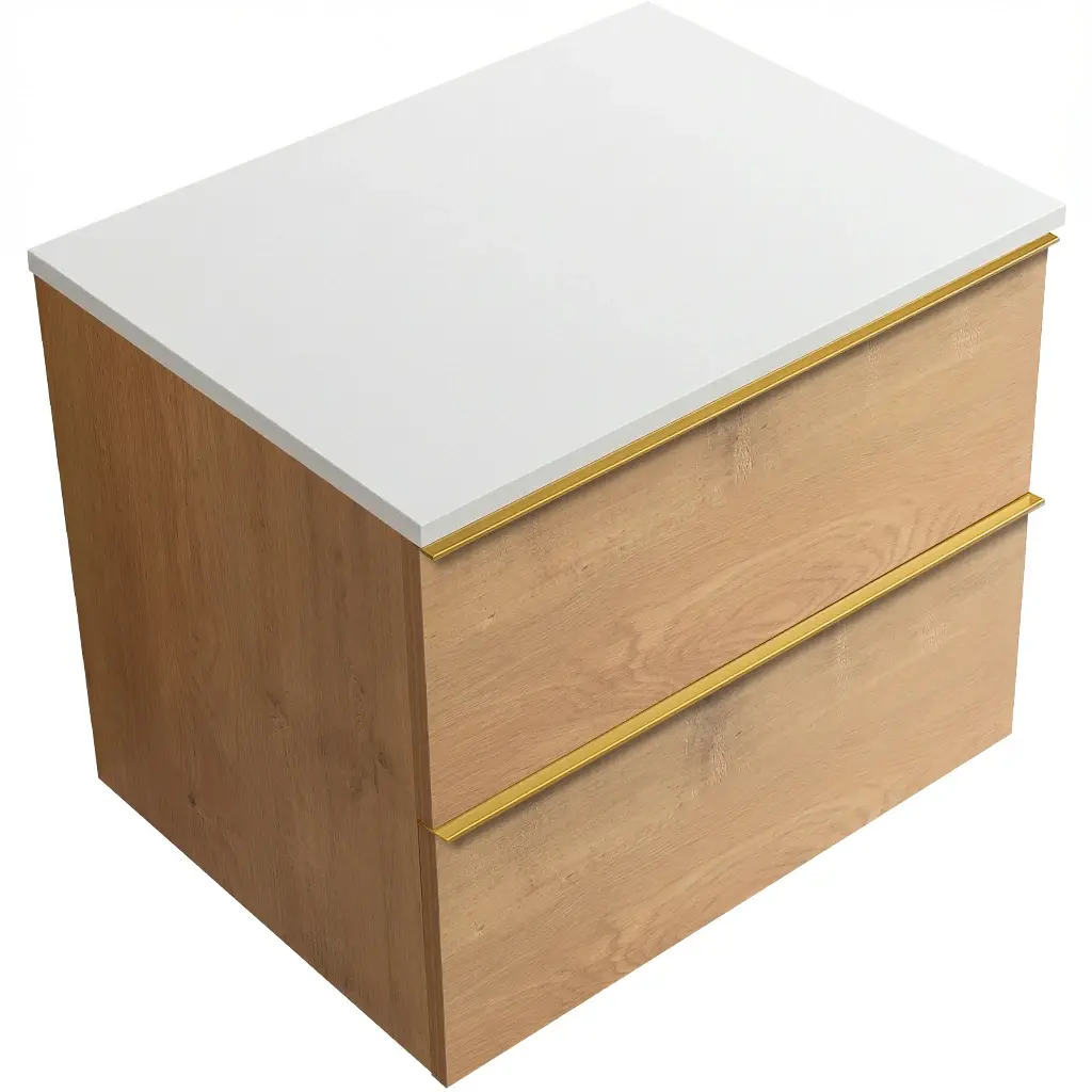 CERANO Koupelnová skříňka Velora dub medový, úchytka zlatá + deska z lit. mramoru Elanys 12 mm bílá matná 70x54,2x46,5 CER-679464