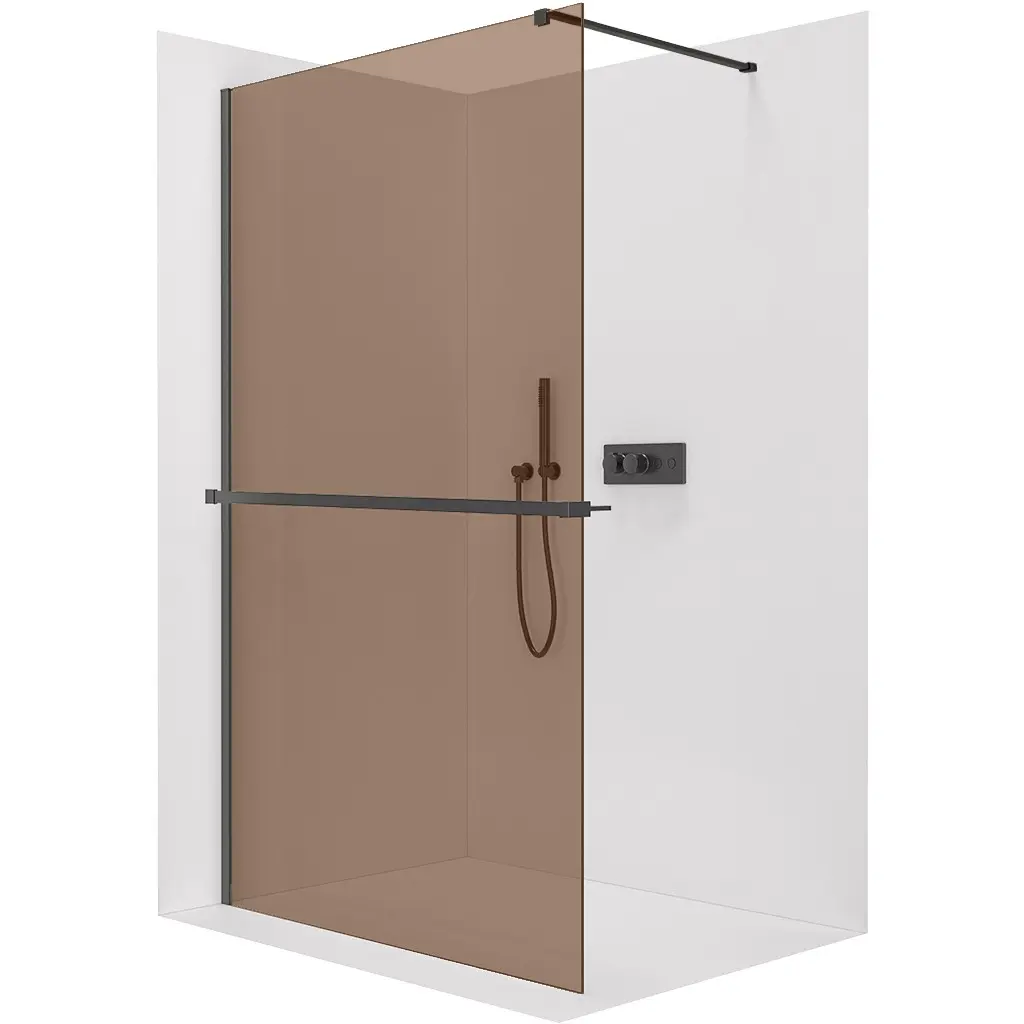 CERANO Sprchová zástěna Walk-in Onyx Cube L/P 8 mm + polička/držák na ručníky hranatá vzpěra černá matná, bronzové sklo 50x200 CER-689353