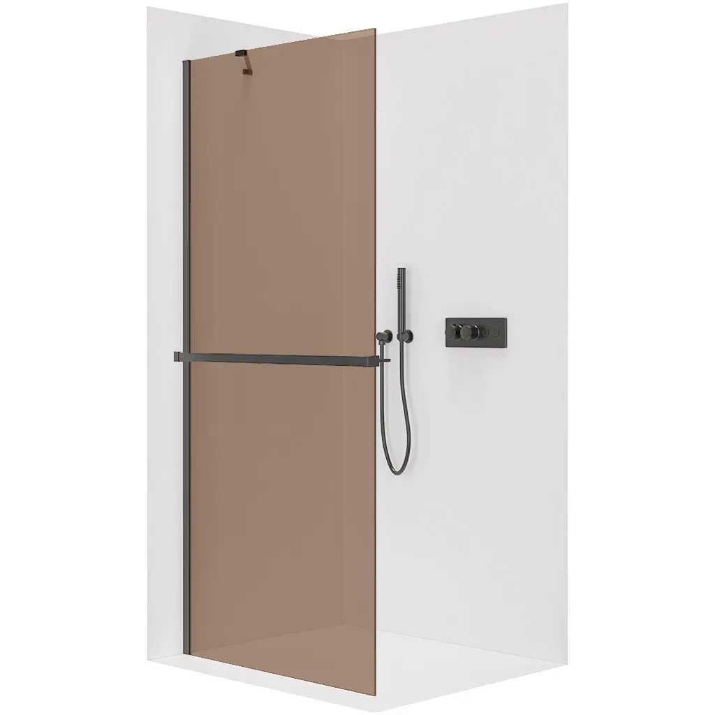 Sprchová zástěna Walk-in Onyx Y L/P - 8 mm + polička/držák na ručníky - černá matná, bronzové sklo - 110x200 cm