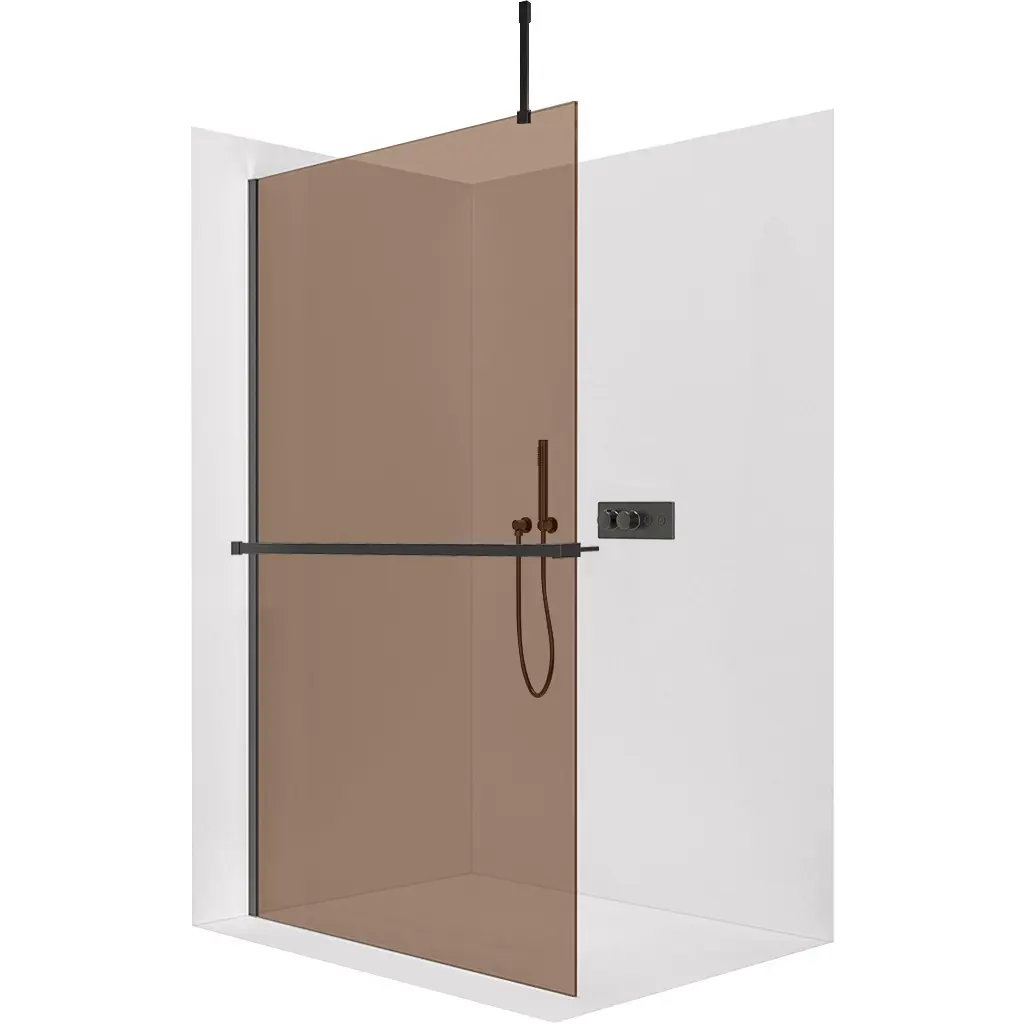 Sprchová zástěna Walk-in Onyx Top Cube L/P - 8 mm - hranatá vzpěra + polička/držák na ručníky - černá matná, bronzové sklo - 60x200 cm