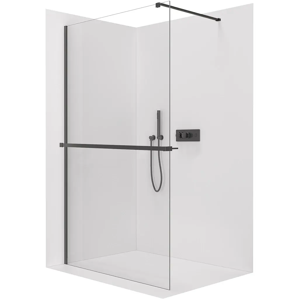 CERANO Sprchová zástěna Walk-in Onyx Cube L/P 10 mm hranatá vzpěra + polička/držák na ručníky černá matná, transparentní sklo 130x200 CER-8050BD710304