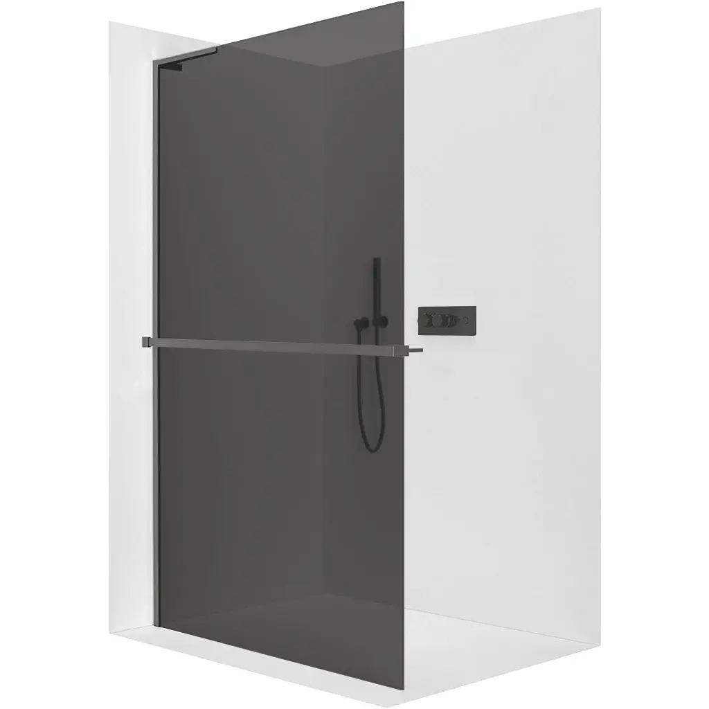 Sprchová zástěna Walk-in Onyx L-levá vzpěra - 10 mm + polička/držák na ručníky - černá matná, grafitové sklo - 160x200 cm