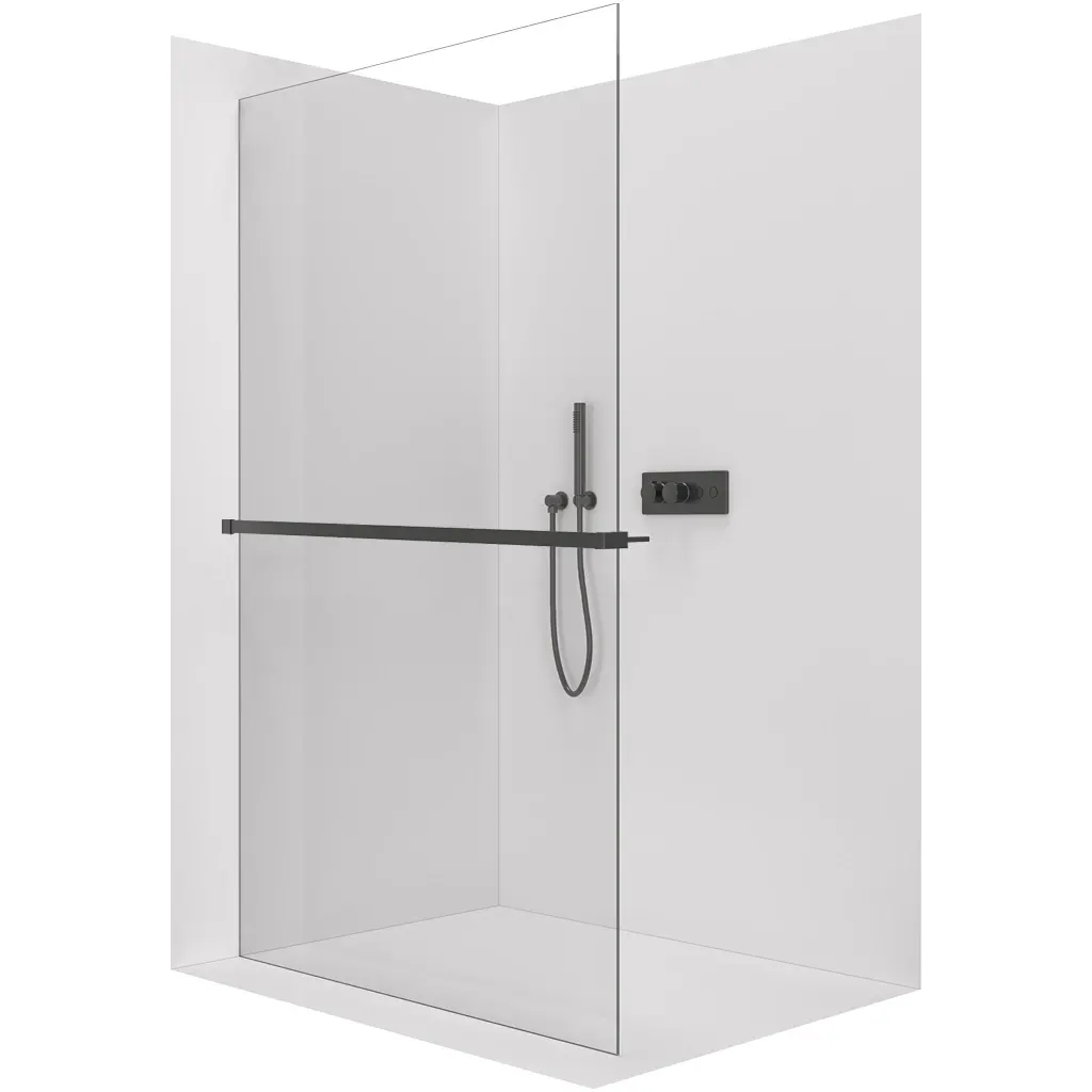 Sprchová zástěna Walk-in Crystal L/P - 10 mm + polička/držák na ručníky - bezvzpěrový systém - černá matná, transparentní sklo - 130x200 cm