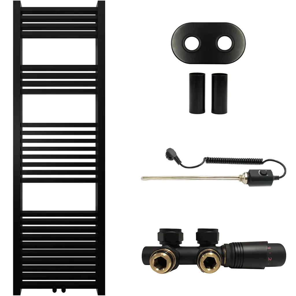 Koupelnový radiátorový set Franko - kombinované vytápění, termo tyč - středové připojení 50 mm - 300W - černá matná - 1600x500 mm