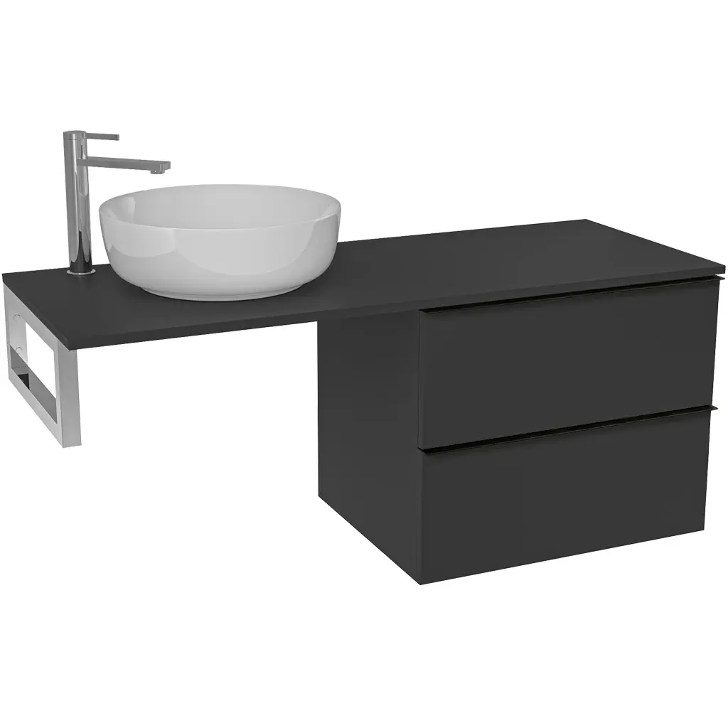 CERANO Koupelnová skříňka Velora černá matná, úchytka černá + deska pod umyvadlo Navira Slim 18 mm + konzole chrom 120x54,8x46,5 CER-668015