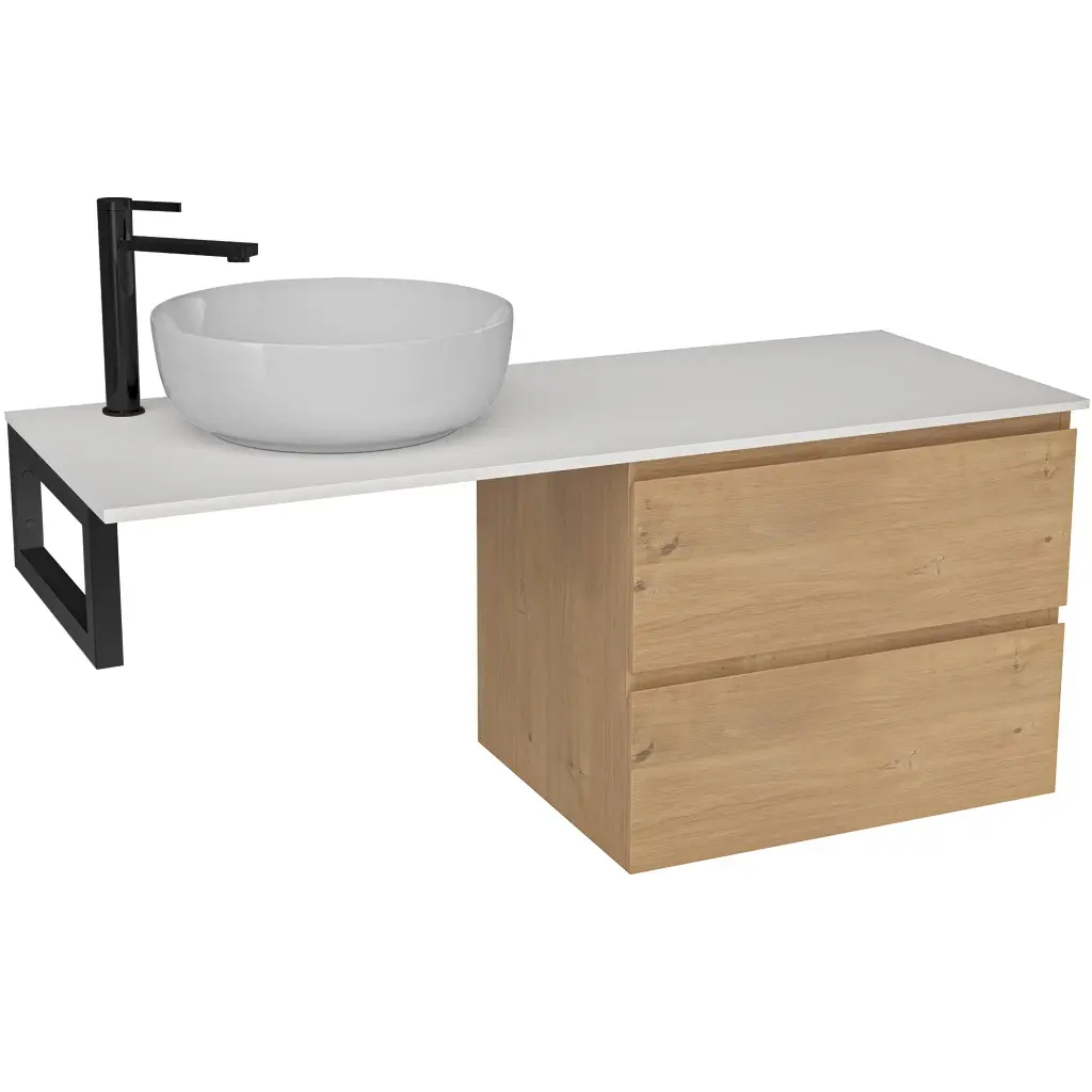 CERANO Koupelnová skříňka Carole dub medový + deska z lit. mramoru Elanys 12 mm + konzole černá 140x49,2x46 CER-679325