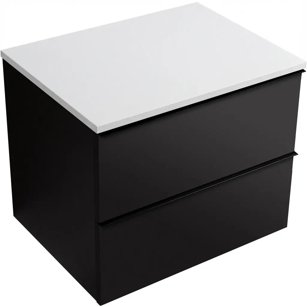 CERANO Koupelnová skříňka Velora černá matná, úchytka černá + deska z lit. mramoru Elanys 12 mm bílá matná 60x54,2x46,5 CER-679428