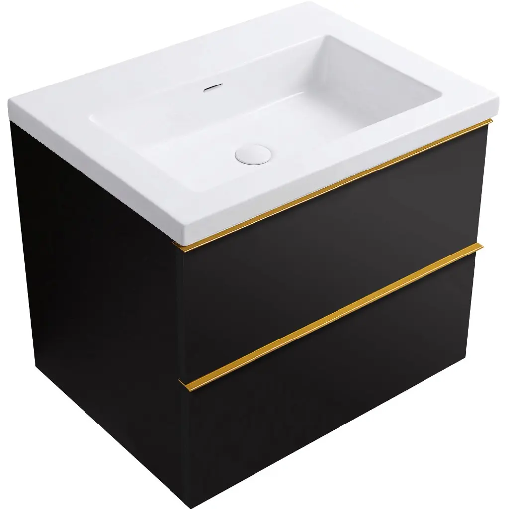 Koupelnová skříňka Velora - černá matná, úchytka zlatá + umyvadlo z lit. mramoru Ovo - bílá lesklá - 60,5x58x46,5 cm