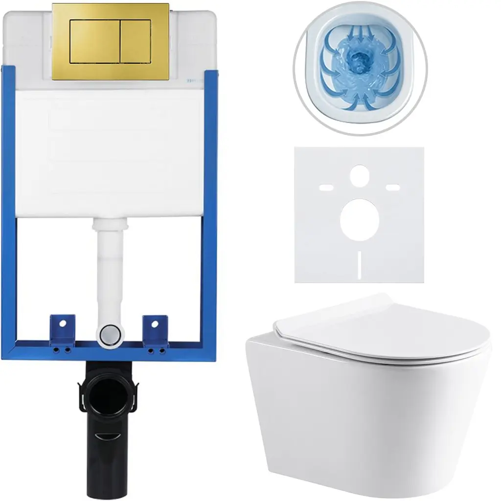 Kompletní WC set Profi/Carlito - bílá lesklá - WC tlačítko Classic/Zlatá - pro zazdění - 48,5x36,5 cm