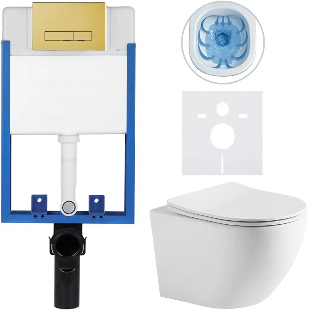 CERANO Kompletní WC set Profi/Cesso bílá matná WC tlačítko Slim/Zlatá pro zazdění 49x36 CER-435811
