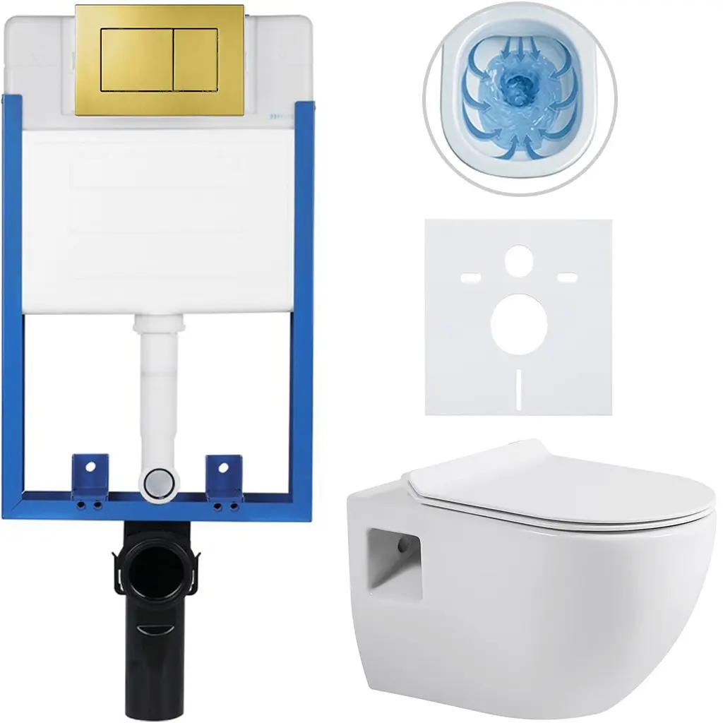 Kompletní WC set Profi/Dure - bílá lesklá - WC tlačítko Classic/Zlatá - pro zazdění - 51x35 cm
