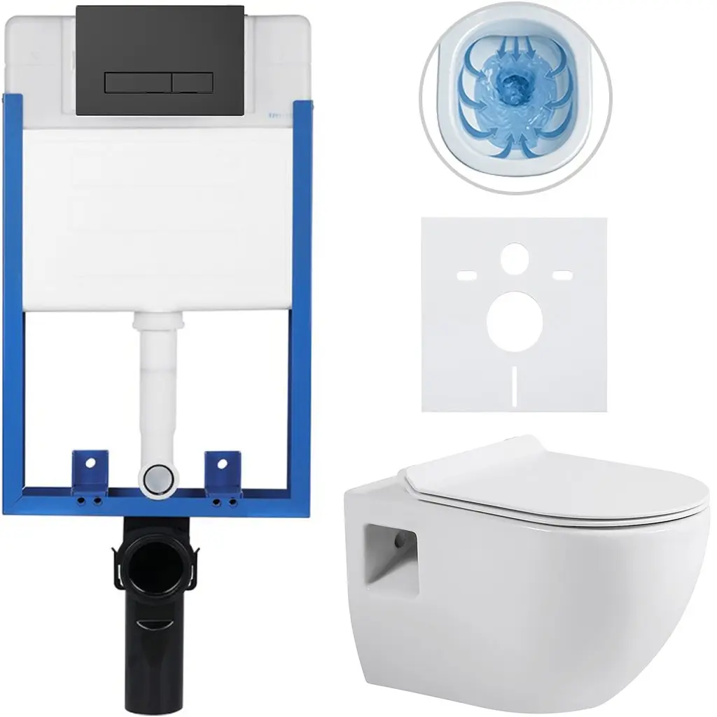 Kompletní WC set Profi/Dure - bílá lesklá - WC tlačítko Slim/Černá matná - pro zazdění - 51x35 cm
