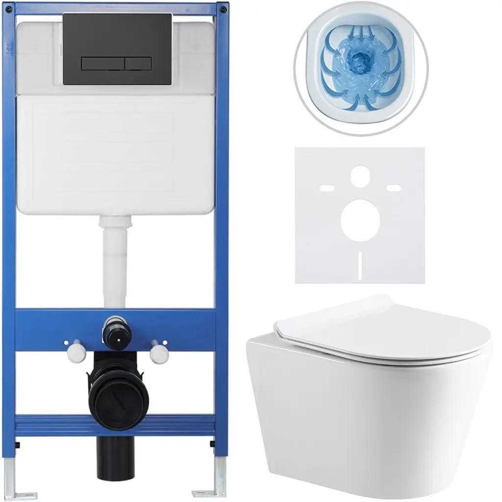 Kompletní WC set Profi/Carlito - bílá lesklá - WC tlačítko Slim/Černá matná - předstěnová instalace - 48,5x36,5 cm